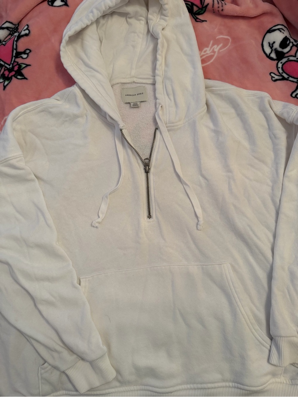 American Eagle Outfitters White Half-Zip Hooded Sweatshirt